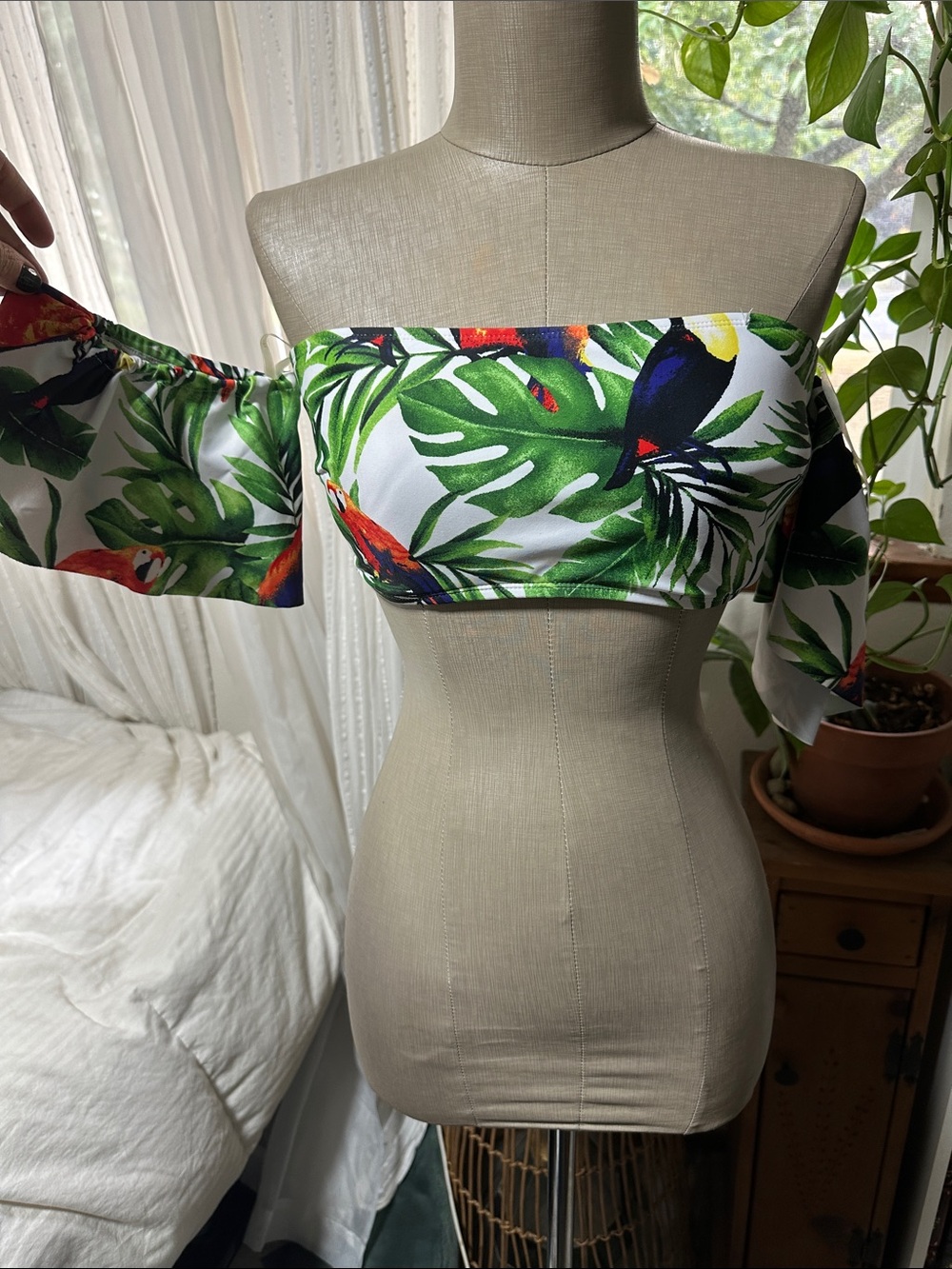 Forever 21 Tropical Off-Shoulder Bandeau Top in White, Green, Black, Red